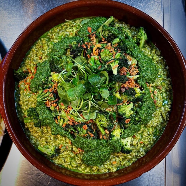 whole broccoli & watercress risotto with crispy shallots