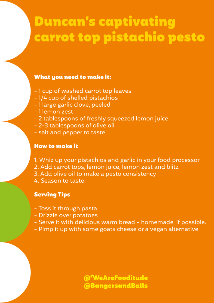 Graphic listing a recipe for Carrot top pistachio pesto