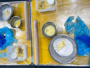 Scone ingredients on a worktop ready for baking