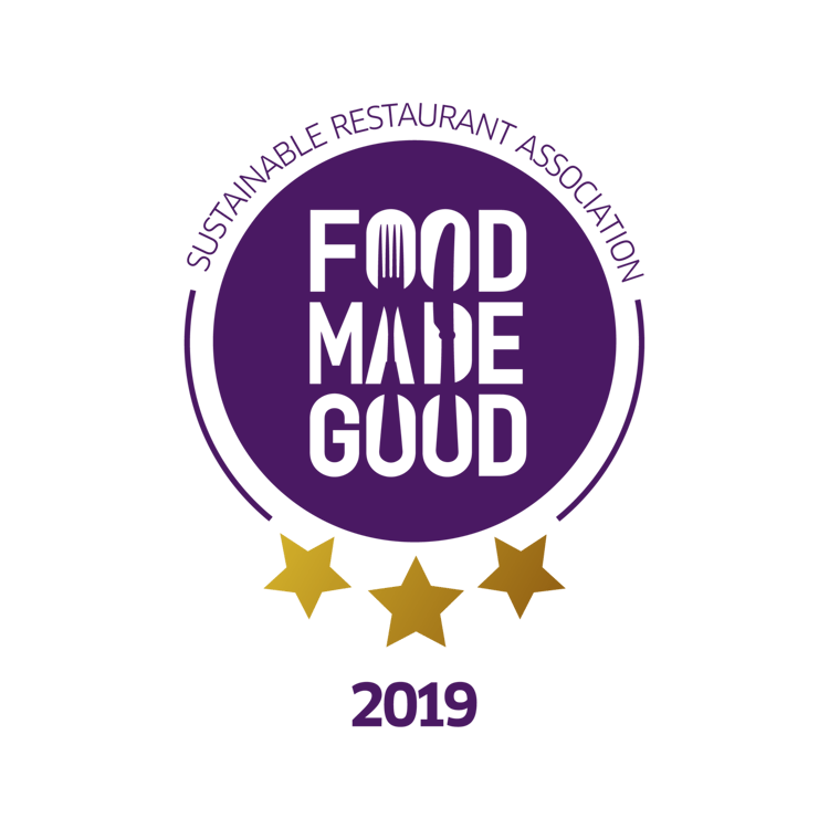 Logo of the sustainable restaurant association and Fooditude winning three stars, their top rating, in 2019.