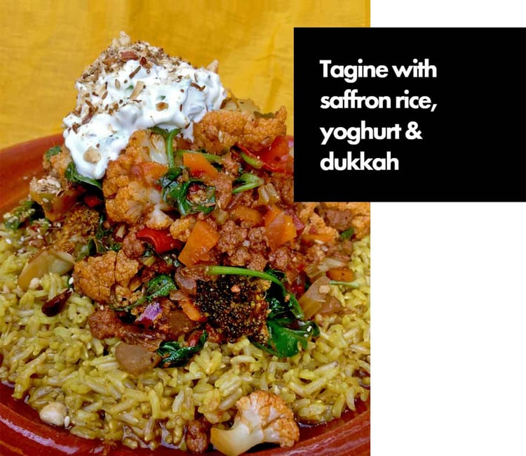 Image of tagine with saffron rice, yoghurt & dukkah