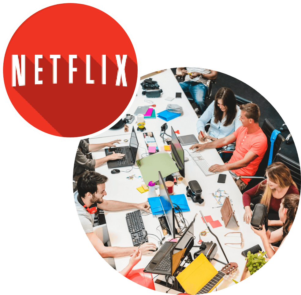 Netflix logo and piture of people working in an office