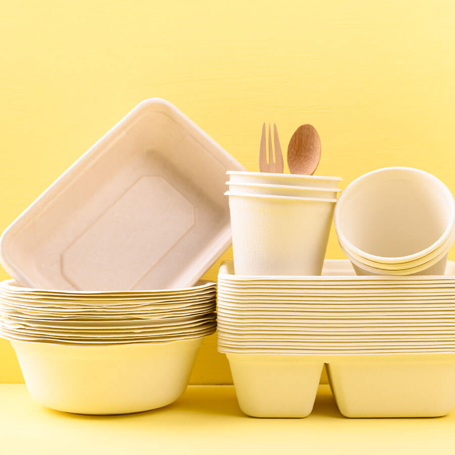 Paper cups, trays and cutlery