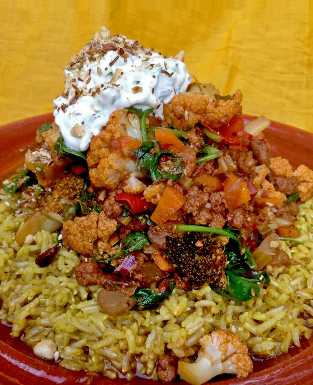 Recipe: tagine with saffron rice, yoghurt & dukkah