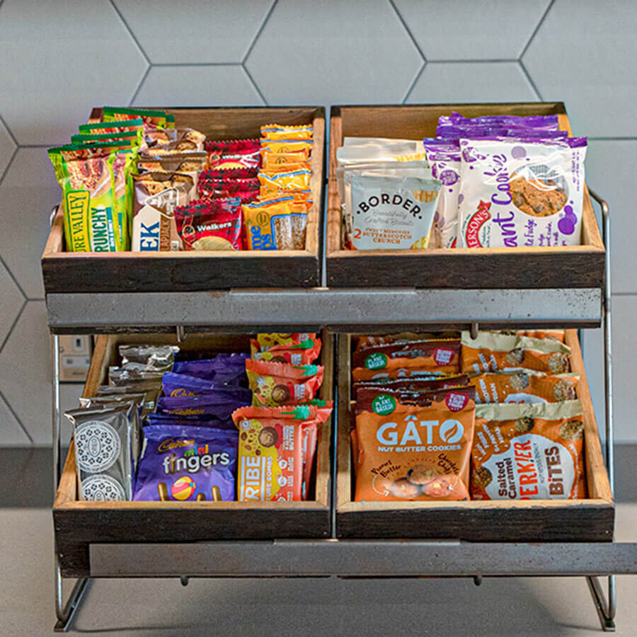 Boxes of sweet and savoury snacks